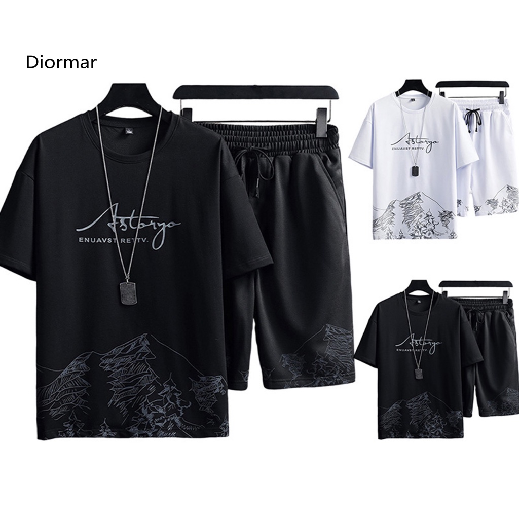 Set Đồ Thể Thao 2 Món Áo Thun Tay Ngắn Cổ Tròn Phối Dây Rút Và Quần Short Dáng Rộng In Hình Núi Thời Trang Đường Phố