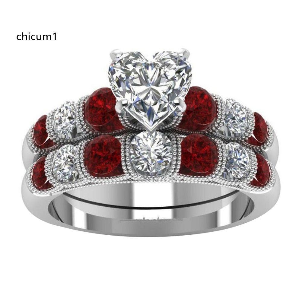 Set 2 Nhẫn Đính Đá Hồng Ngọc Nhân Tạo Hình Trái Tim Phong Cách Cổ Điển Dành Cho Nữ