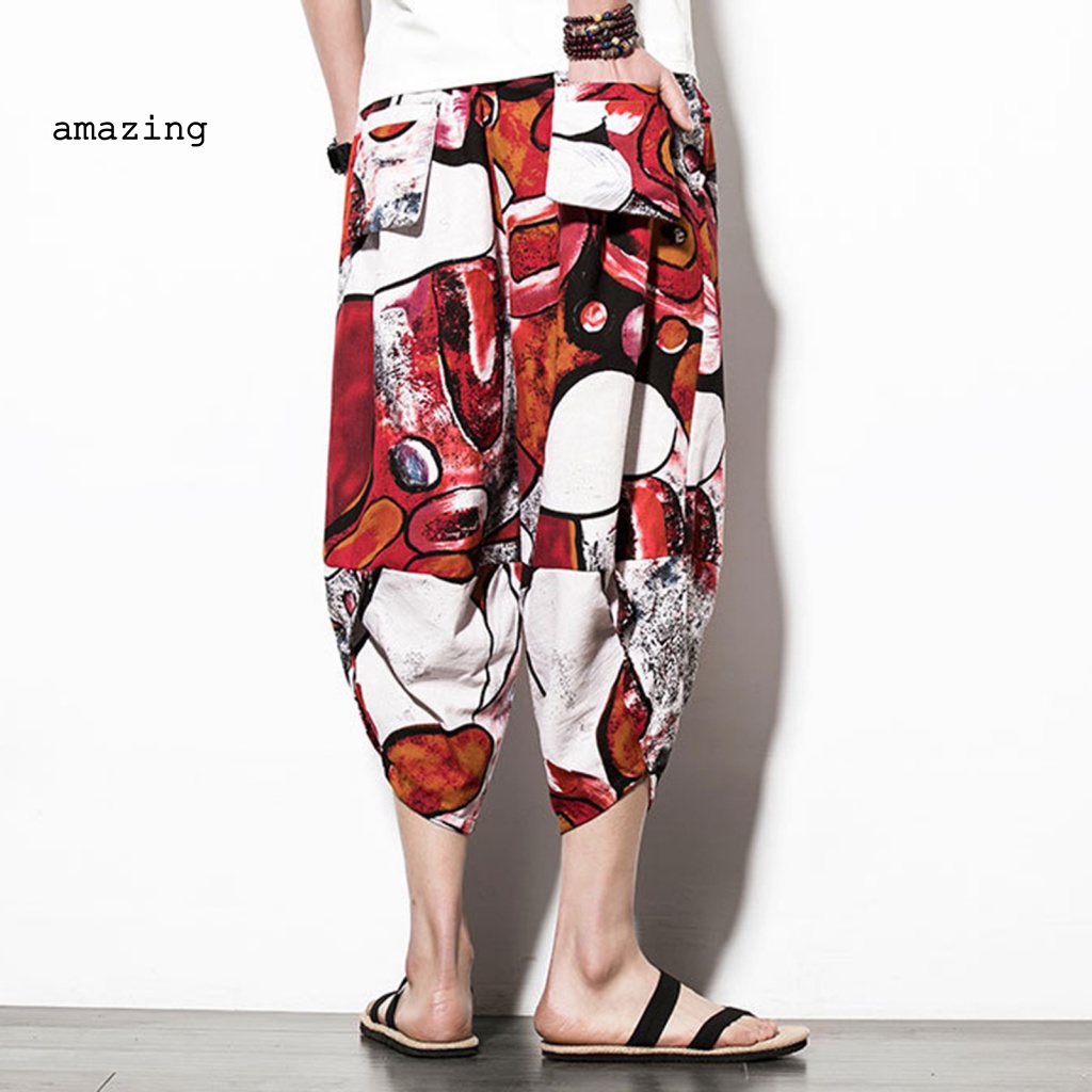 [AM] Quần Harem Dây Rút Eo Co Giãn In Họa Tiết Dân Tộc Cổ Điển Có Túi Dành Cho Nữ