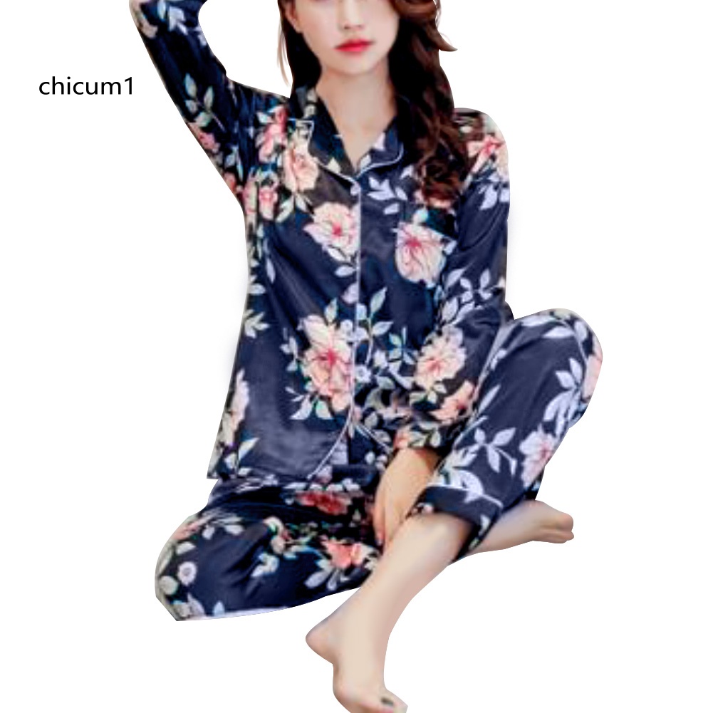 Set Đồ Ngủ 2 Món Áo Tay Dài Giả Lụa In Họa Tiết Hoa + Quần Dài Thời Trang Cho Nữ