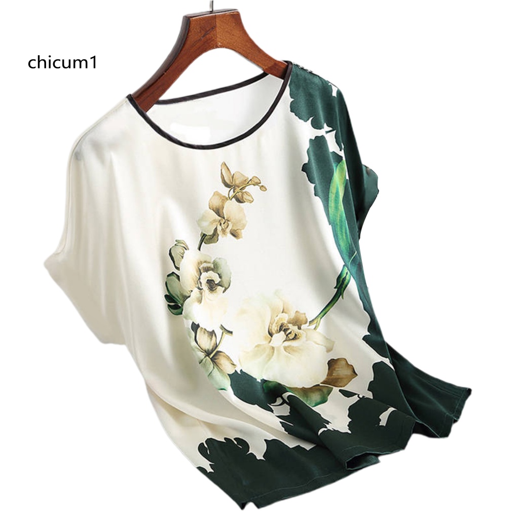 Áo Thun Lụa Lạnh Cổ Tròn In Họa Tiết Hoa Thời Trang Mùa Hè Cho Nữ