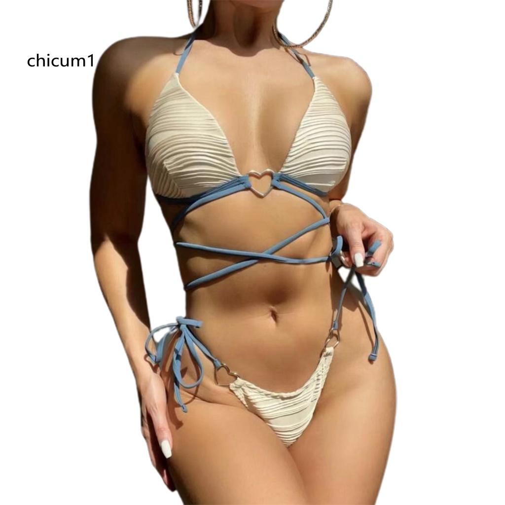 1 Bộ Đồ Bơi Bikini Có Đệm Ngực Ba Chiều Bằng Polyester Màu Trơn Có Dây Đeo Cổ Cho Nữ
