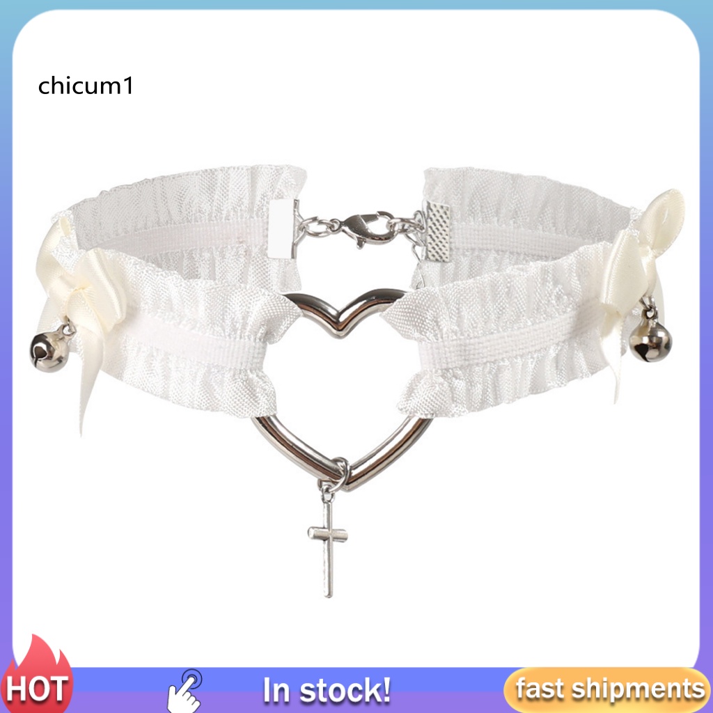 Vòng Cổ Choker Ren Co Giãn Đính Chuông Hình Trái Tim Thắt Nơ Phong Cách Gothic Punk Quyến Rũ Cho Nữ Mặc Hàng Ngày