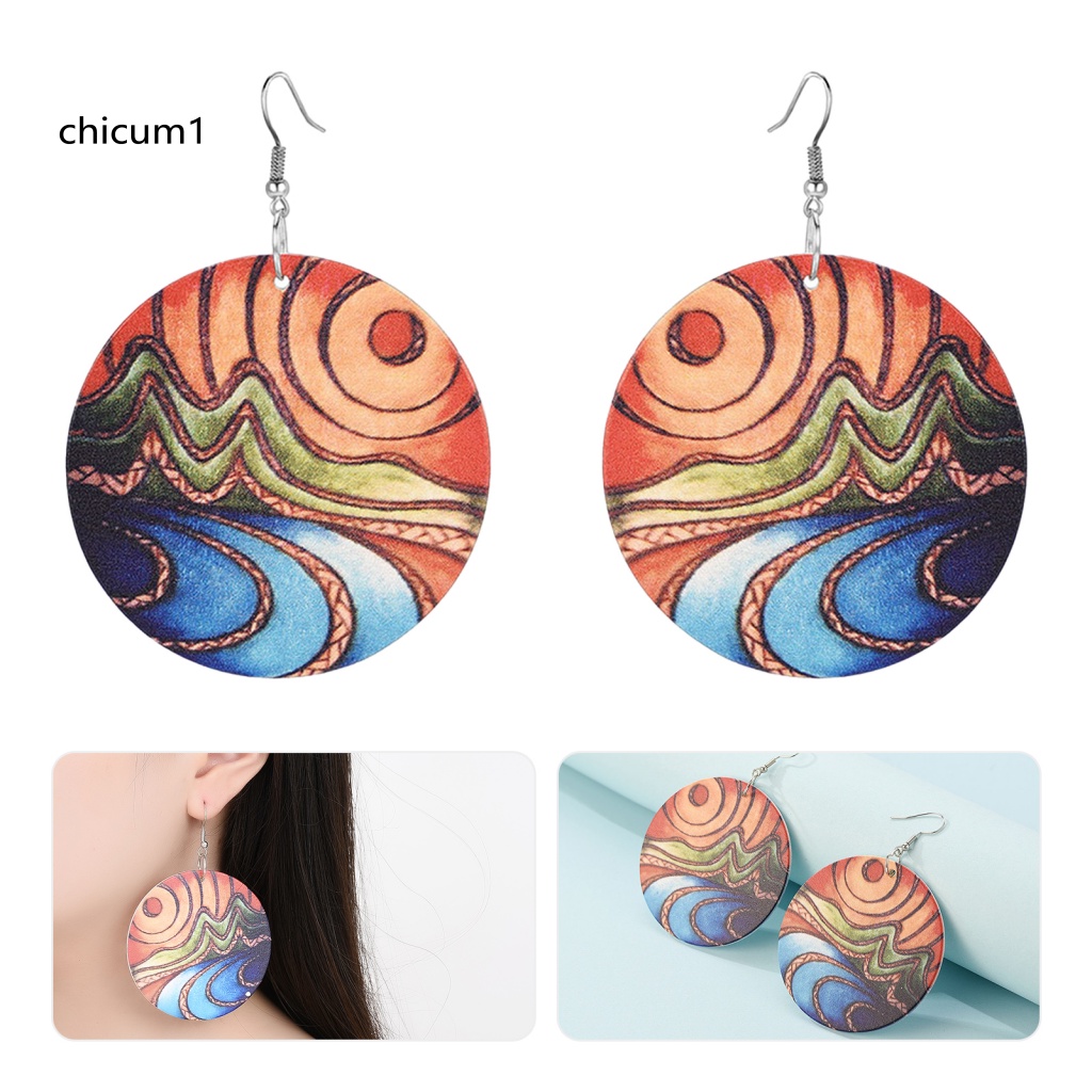 1 Đôi Bông Tai Hình Tròn Lớn Không Gây Dị Ứng Họa Tiết Tranh Trừu Tượng Thời Trang