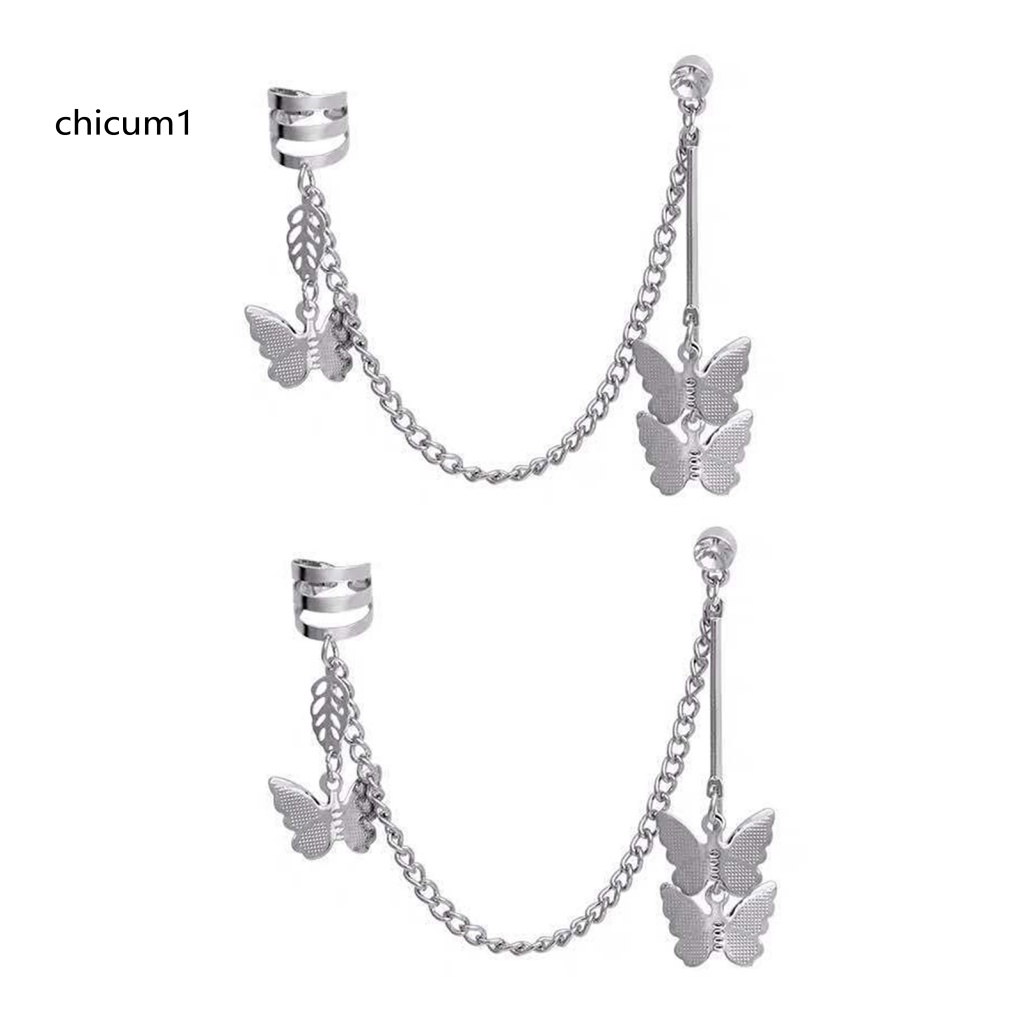 1 Cặp Khuyên Tai Dây Xích Hình Bướm Màu Bạc Phong Cách Punk Thời Trang Cho Nữ