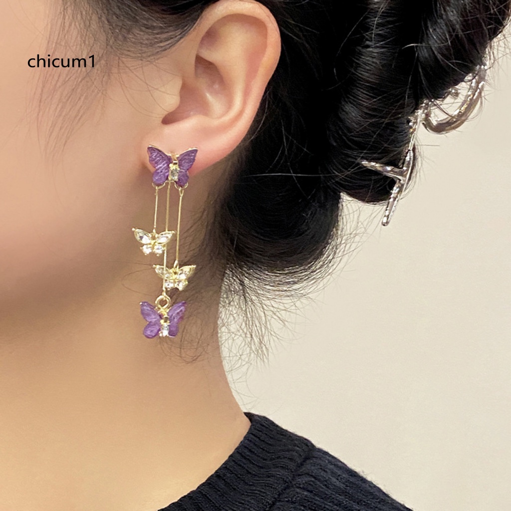1 Cặp Bông Tai Dáng Dài Hình Bướm Đính Pha Lê Tím Nhân Tạo Thời Trang Sang Trọng Dành Cho Nữ