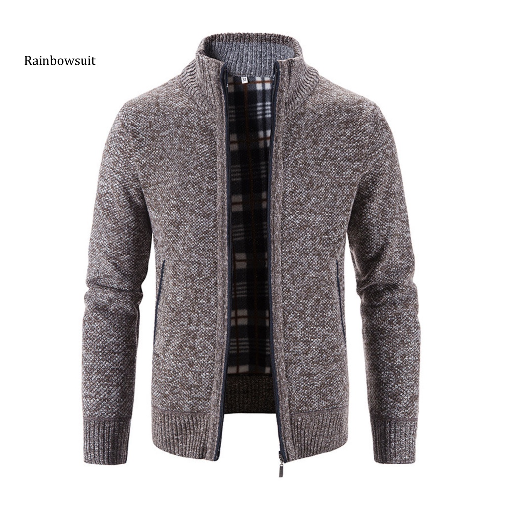 Áo Khoác Sweater Dệt Kim Tay Dài Lót Lông Cừu Màu Trơn Có Khóa Kéo Thời Trang Thu Đông Cho Nam