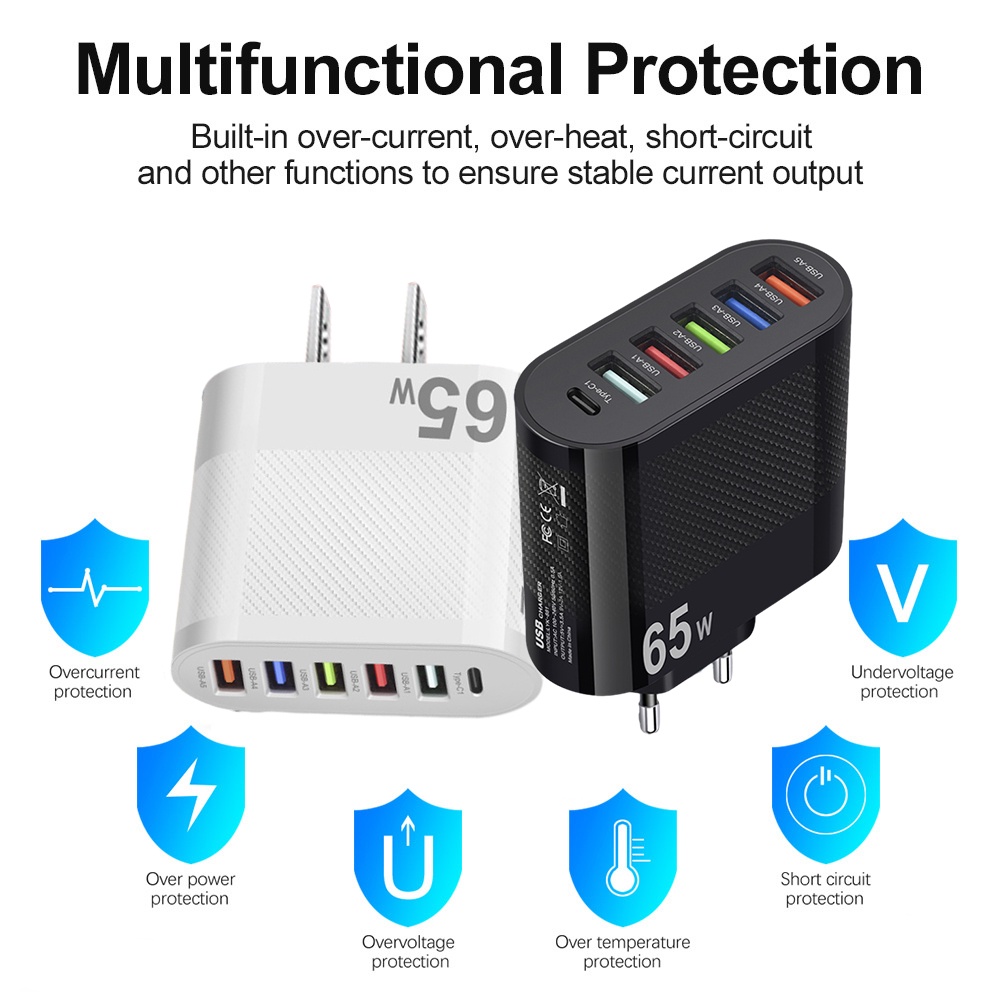 Cốc Sạc Điện Thoại Nhanh 65W 6 Cổng EU / US / UK PD + USB Tiện Dụng