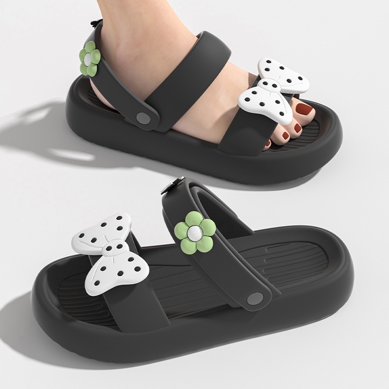 Xăng đan Đế Dày 4cm Đính Nơ Hoa Chống Thấm Nước Phong Cách Hàn Quốc Cho Nữ