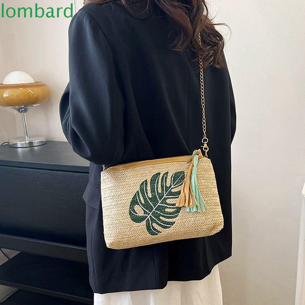 LOMBARD Túi cói Bằng Rơm Đan Hình Trái Cây Phối Dây Xích Bằng Da Thanh Lịch Cho Mua Sắm
