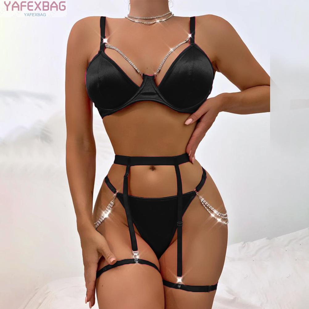 Sensational Shiny Chain Lingerie Set Bra Panties Garter Trio Seductive Nightwear