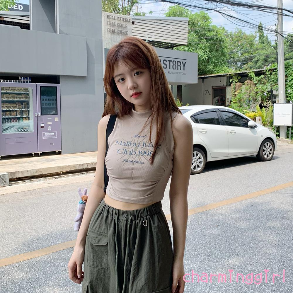 Áo Croptop Không Tay Cổ Cao In Chữ Thời Trang Mùa Hè Cho Nữ