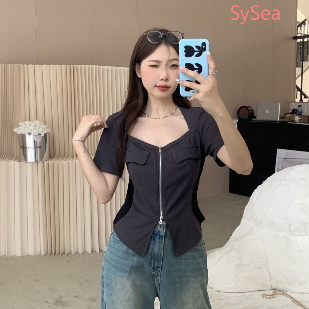 Plus Áo Sơ Mi Ngắn Tay Phối Khóa Kéo Thời Trang Hàn Quốc Cho Nữ