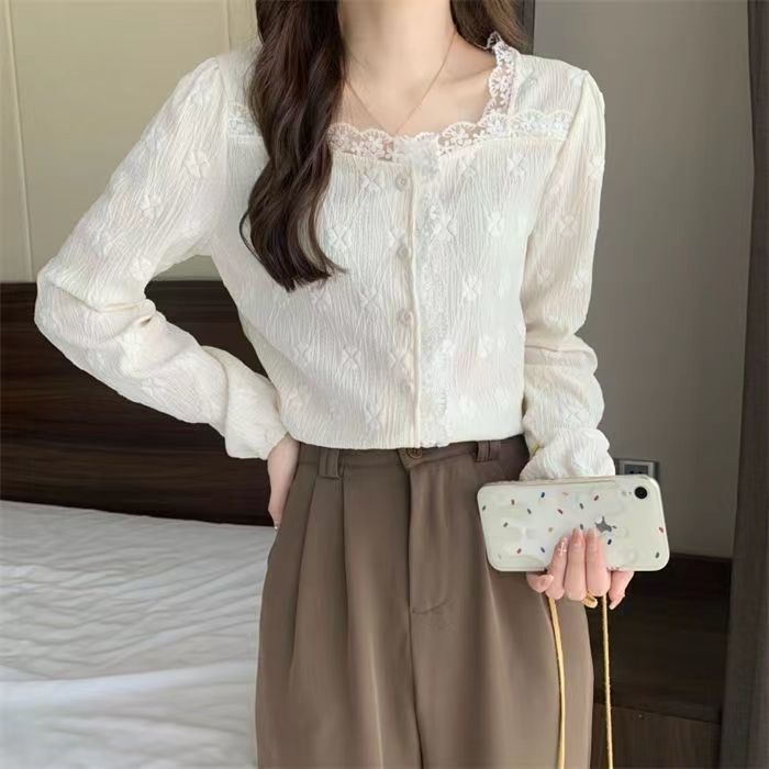 Áo Sơ Mi Dài Tay Dáng Rộng Phối Ren Thời Trang Cho Nữ