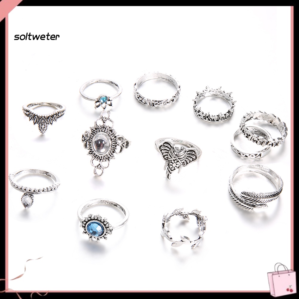 Bộ 12 Nhẫn Đeo Đốt Ngón Tay Đính Đá Phong Cách Boho Cổ Điển