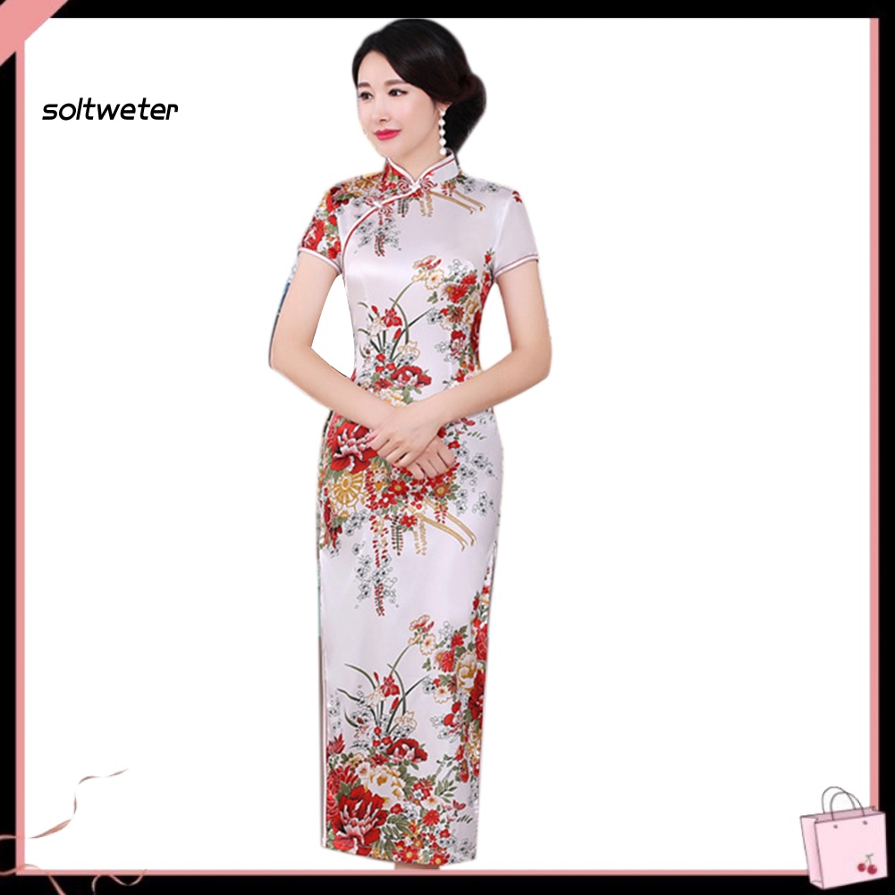 Đầm Sườn Xám Tay Ngắn Cổ Đứng In Hoa Xẻ Tà Kiểu Trung Hoa Dễ Thương Cho Nữ