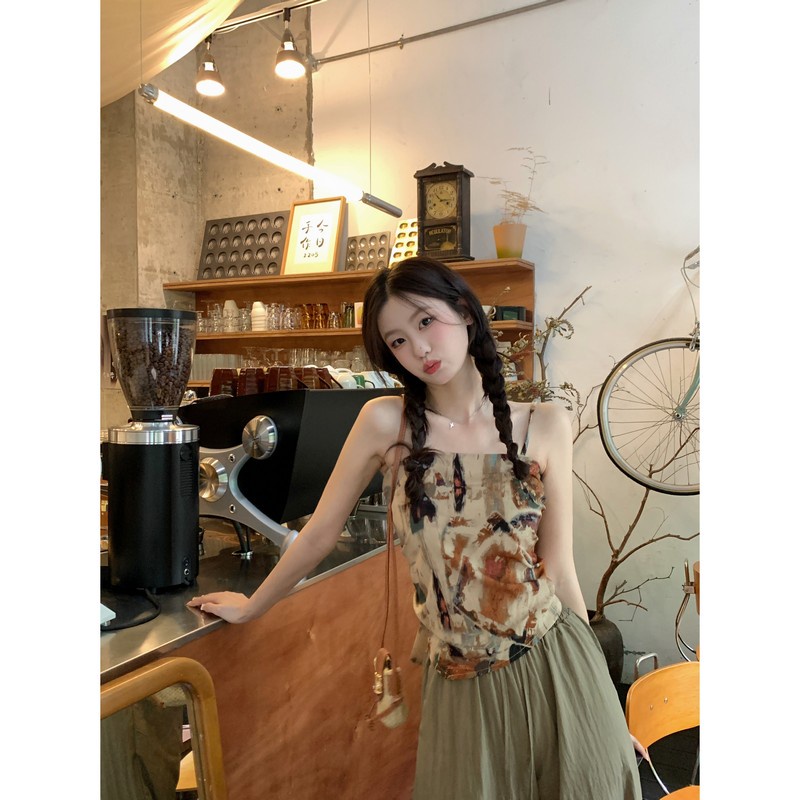 SUXI Bộ Áo Hai Dây Thắt Nơ Nhuộm + Quần Dài Lưng Cao Ống Đứng Màu Sắc Đơn Giản Phong Cách Vintage