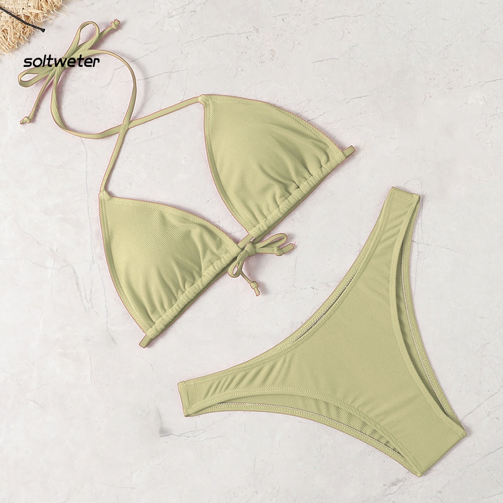 Bộ Bikini Tam Giác Màu Sắc Trơn Dây Điều Chỉnh Được Tiện Dụng Đi Bơi