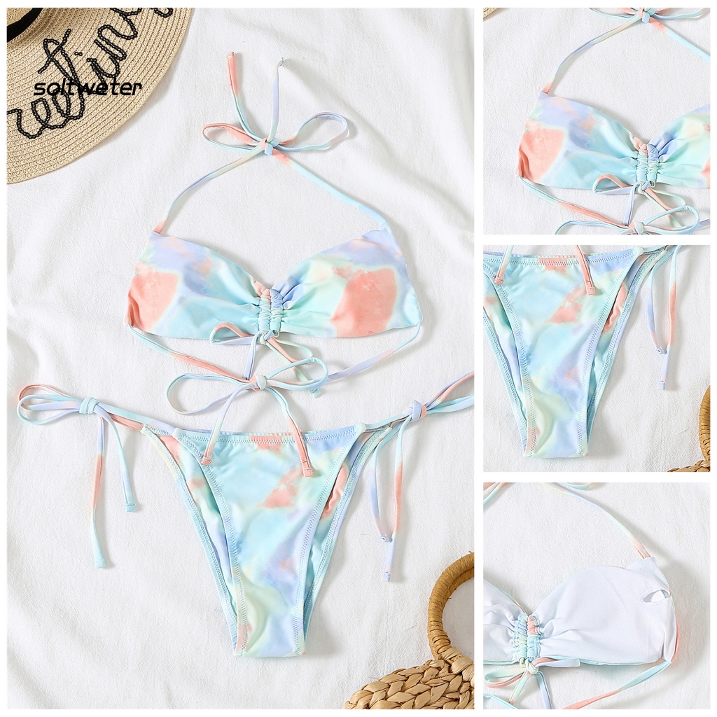 Bộ Đồ Bơi Bikini 3 Món Gồm Áo Hai Dây Và Chân Váy Lưới In Họa Tiết Màu Nhuộm Có Thể Điều Chỉnh Cho Nữ