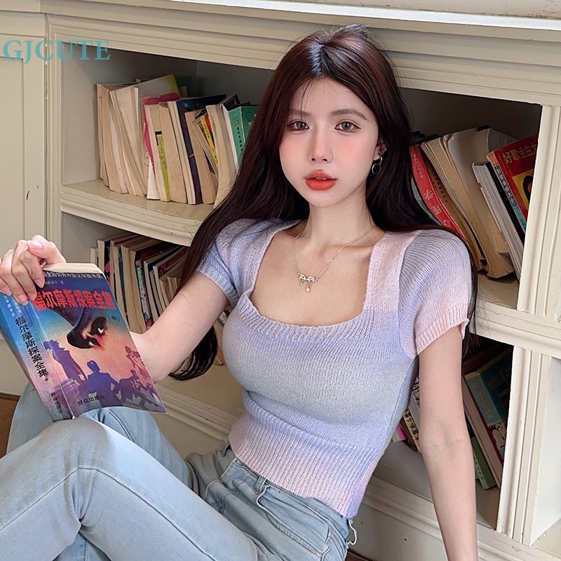 Áo Croptop Dệt Kim Tay Ngắn Cổ Vuông Màu Gradient Thời Trang Mùa Hè Xinh Xắn Cho Nữ