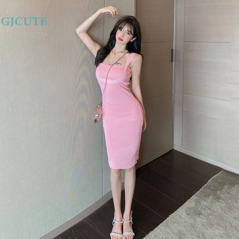 Đầm Midi Hai Dây Dệt Kim Mỏng Cổ Vuông Màu Trơn Gợi Cảm Mùa Hè Cho Nữ WTD