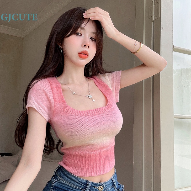 Áo Croptop Dệt Kim Tay Ngắn Cổ Vuông Màu Gradient Thời Trang Mùa Hè Xinh Xắn Cho Nữ