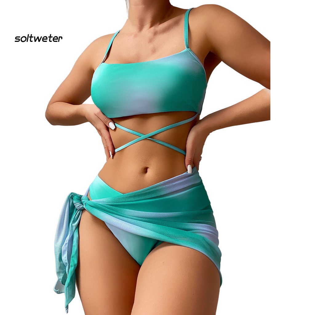 1 Bộ Đồ Bơi Bikini Ba Mảnh Không Gọng Có Mút Nâng Ngực Hở Lưng Nhuộm Màu Thời Trang Mùa Hè Cho Nữ