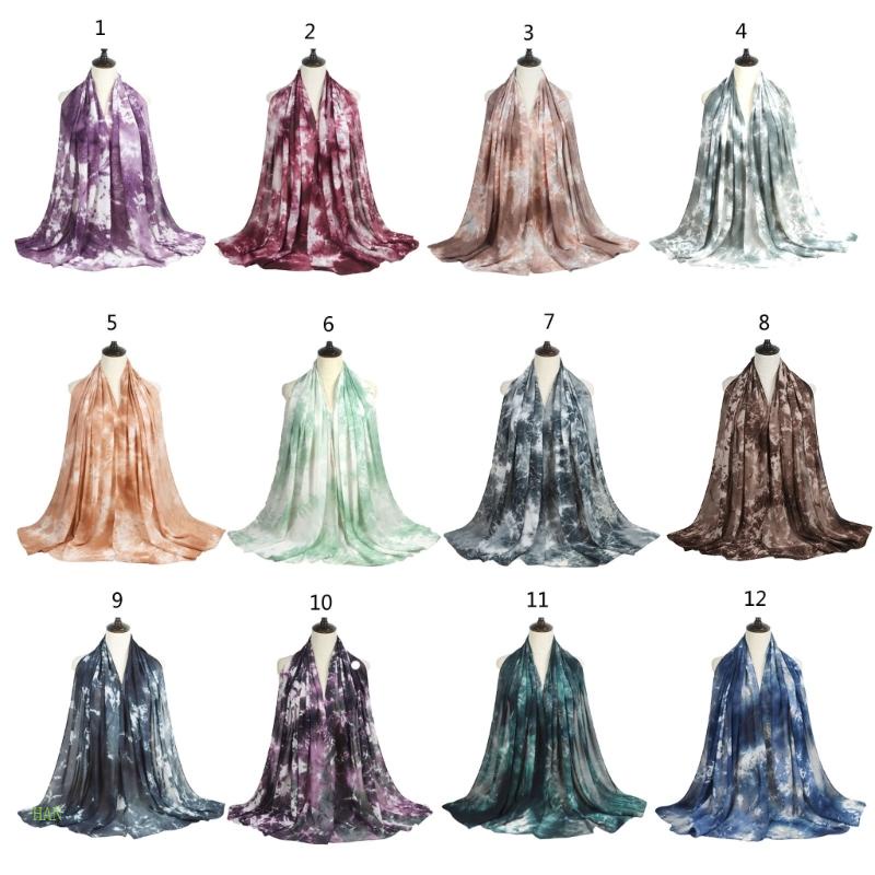 Khăn Choàng Chiffon Dài In Họa Tiết Màu Nhuộm Đính Ngọc Trai Giả