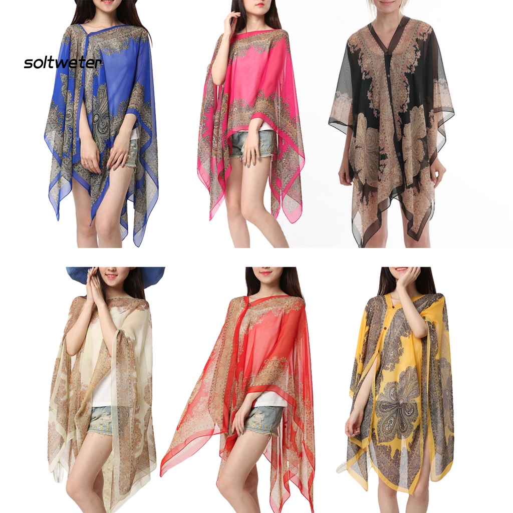 Khăn Choàng Chiffon Chống Nắng / Tia UV Cài Nút Mềm Mại In Họa Tiết Cổ Điển Thời Trang Đi Biển Mùa Hè