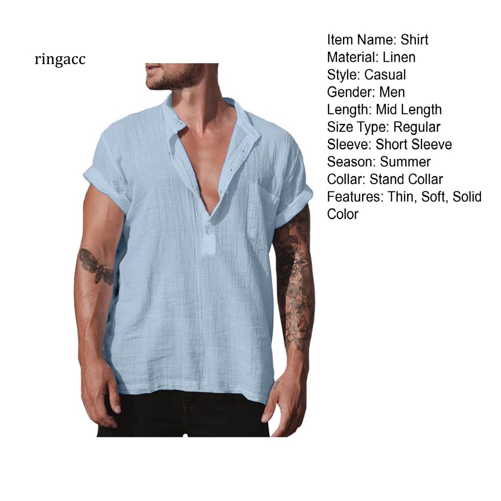 Rga Áo Sơ Mi Ngắn Tay Cổ Đứng Dáng Rộng Màu Trơn Phối Nút Thời Trang Mùa Hè Cho Nam