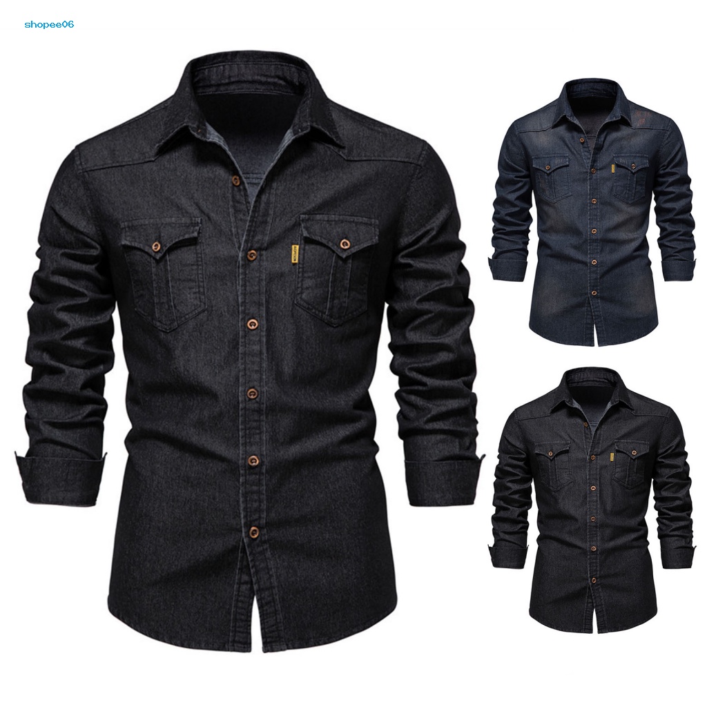 Áo Sơ Mi Denim Màu Trơn Nhiều Túi Thời Trang Xuân Hè Cho Nam