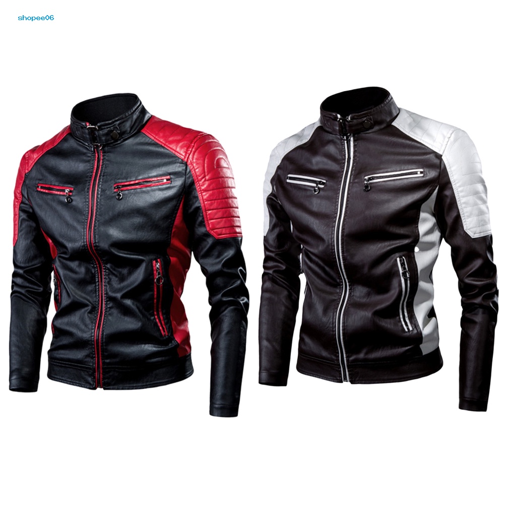 Áo Khoác Da Giả Cổ Đứng Phối Màu Tương Phản Phong Cách Vintage Cho Nam