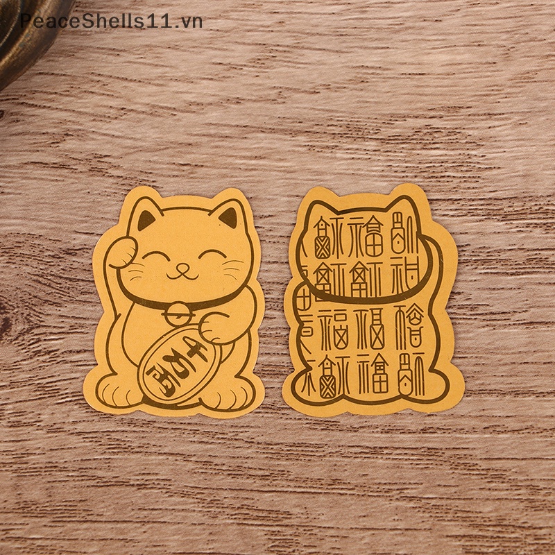 Set 10 Miếng Dán Trang Trí Điện Thoại Hình Mèo May Mắn Phối Lá Vàng