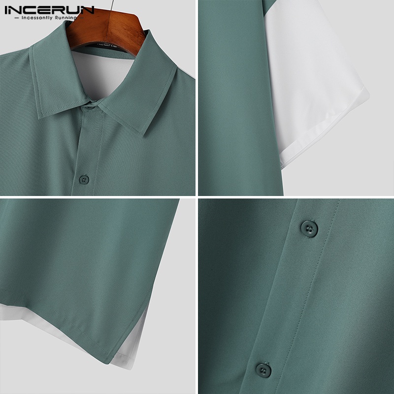 INCERUN Áo Sơ Mi Tay Lỡ Cổ Bẻ Màu Sắc Tương Phản Phong Cách Hàn Quốc Cho Nam Giới