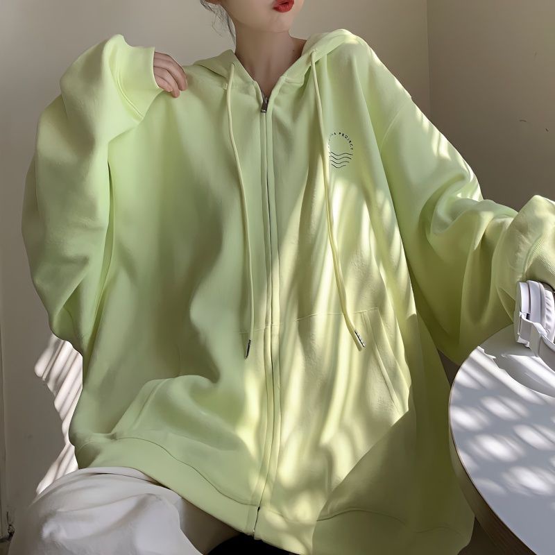 Áo Hoodie Mỏng Dáng Rộng Màu Trơn Phối Khóa Kéo Mới