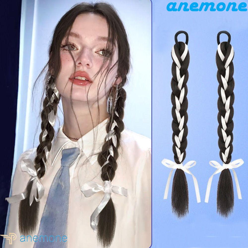 ANEMONE Dây Buộc Tóc Bằng Sợi Tổng Hợp Co Giãn Màu Trắng Đen Dễ Thương Dành Cho Nữ