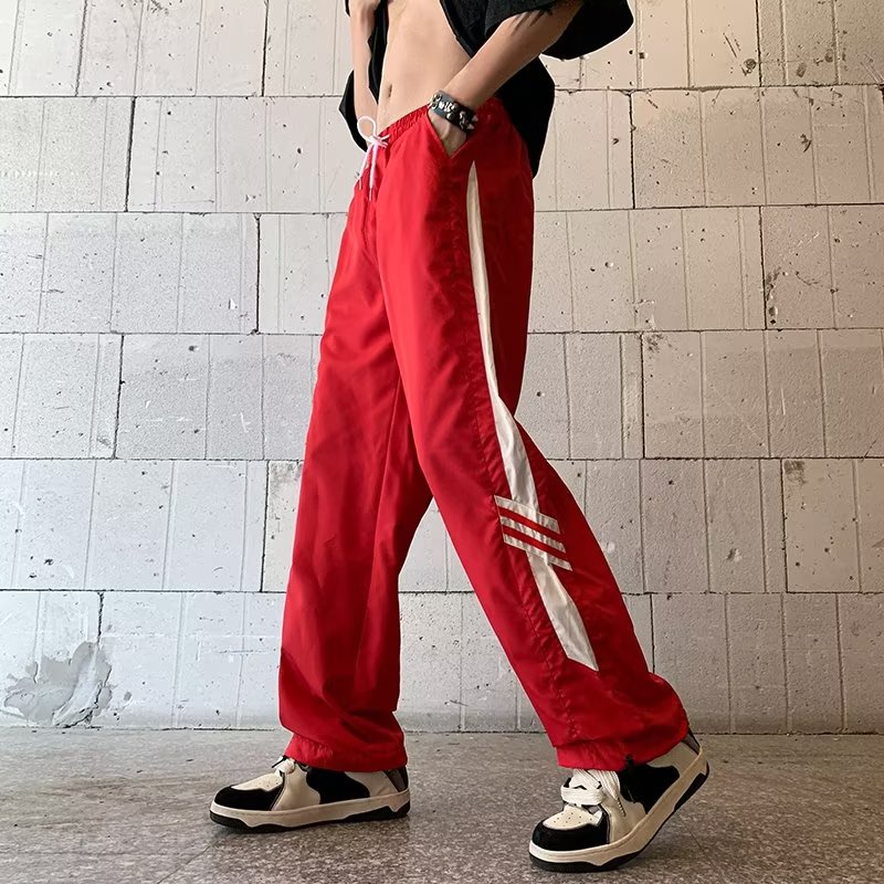 Quần Dài Thể Thao Vải Lụa Lạnh Mỏng Lưng Cao Ống Đứng Phối Sọc Cá Tính Cho Nam