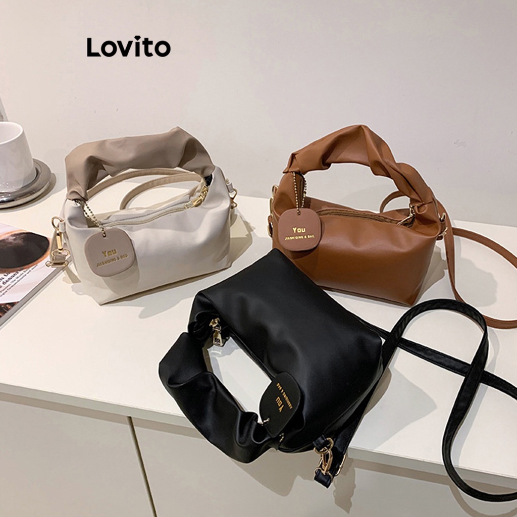Lovito Túi xếp nếp bằng kim loại trơn đơn giản dành cho nữ L57AD129 (Nâu/Trắng/Đen)