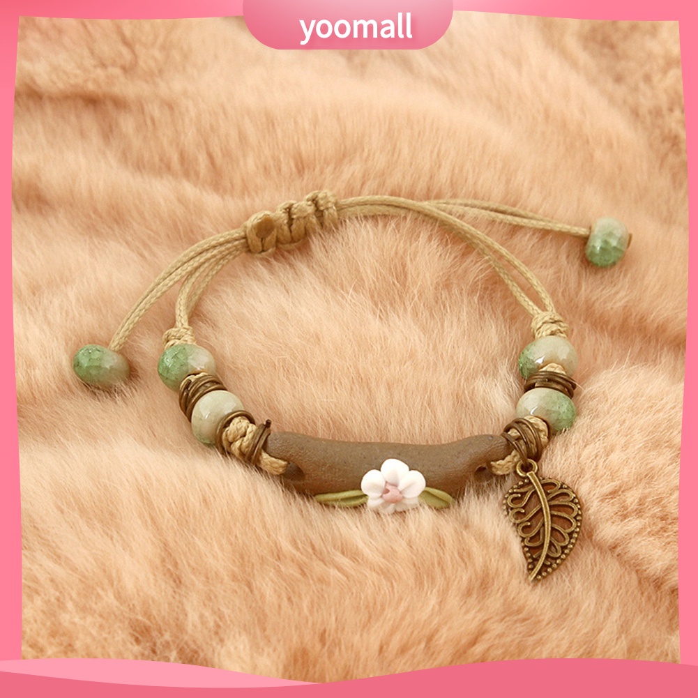 Vòng Tay Dây Bện Phối Hạt Sứ Họa Tiết Hoa Lá Thời Trang Có Thể Điều Chỉnh Cho Nữ