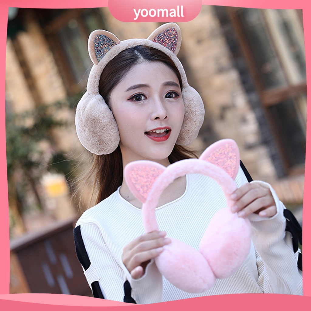 Chụp Tai Giữ Ấm Mùa Đông Hình Tai Mèo Lấp Lánh Cho Nữ