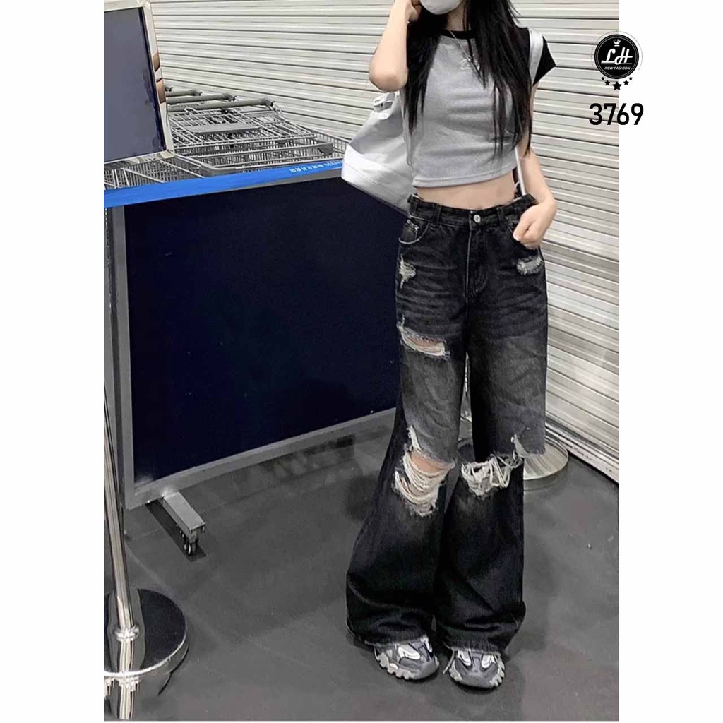 Quần jeans ống rộng nữ rách màu xanh rách gối tua rua cá tính Lê Huy fashion MS 3769