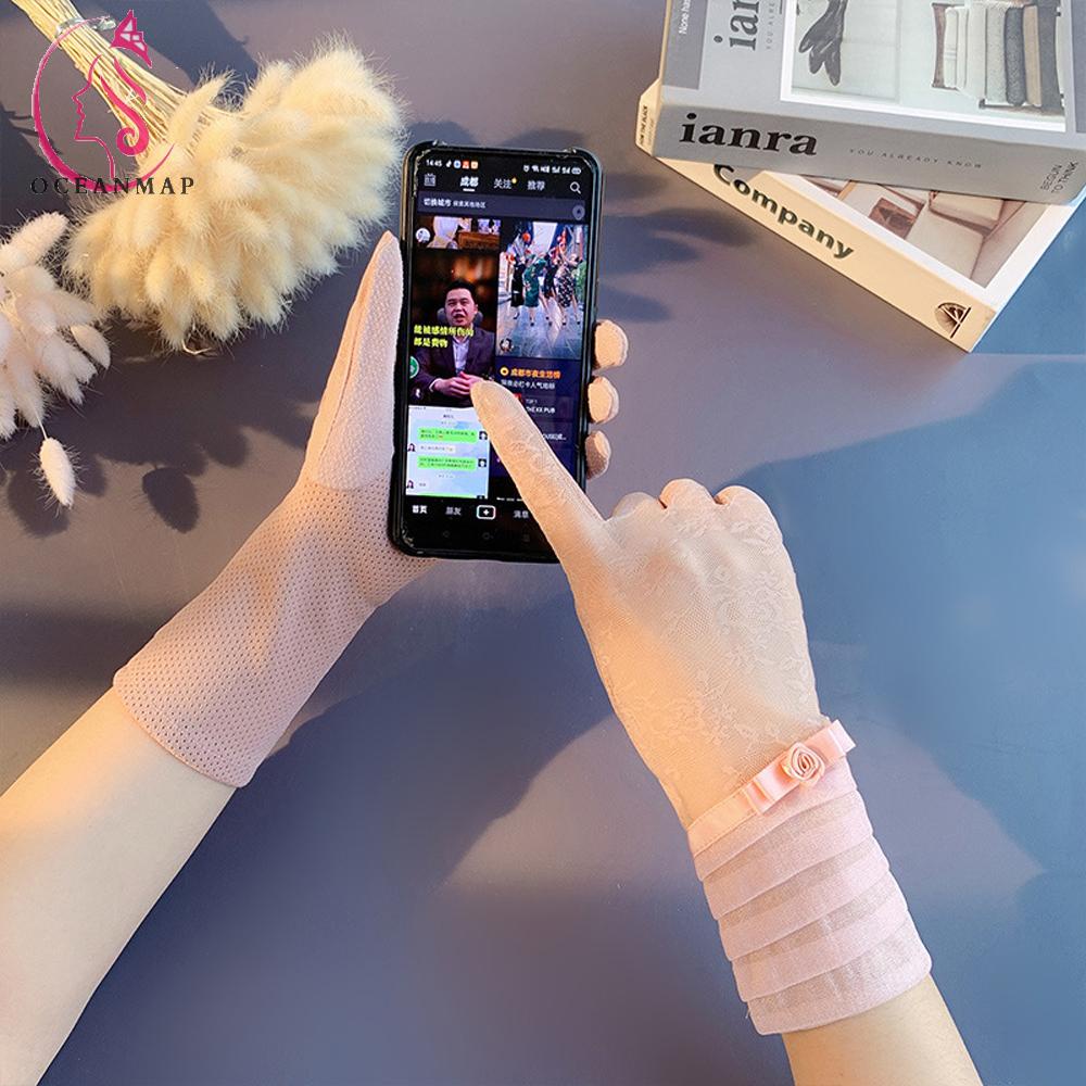 OCEANMAP Găng Tay Lái Xe Vải Lụa Lạnh Mỏng Chống Nắng Đính Nơ Dễ Thương Cho Nữ