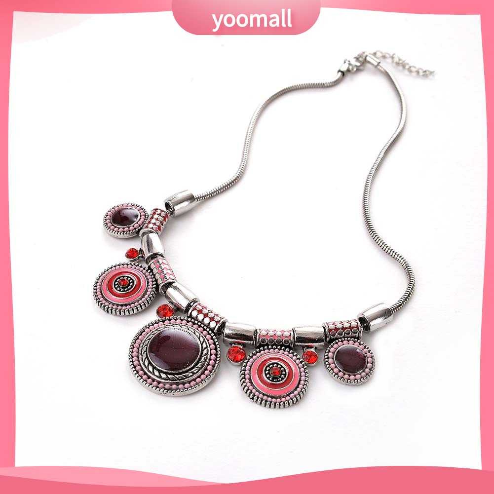 Vòng cổ Mặt Tròn Tráng Men Đính Đá Phong Cách Dân Tộc Cho Nữ