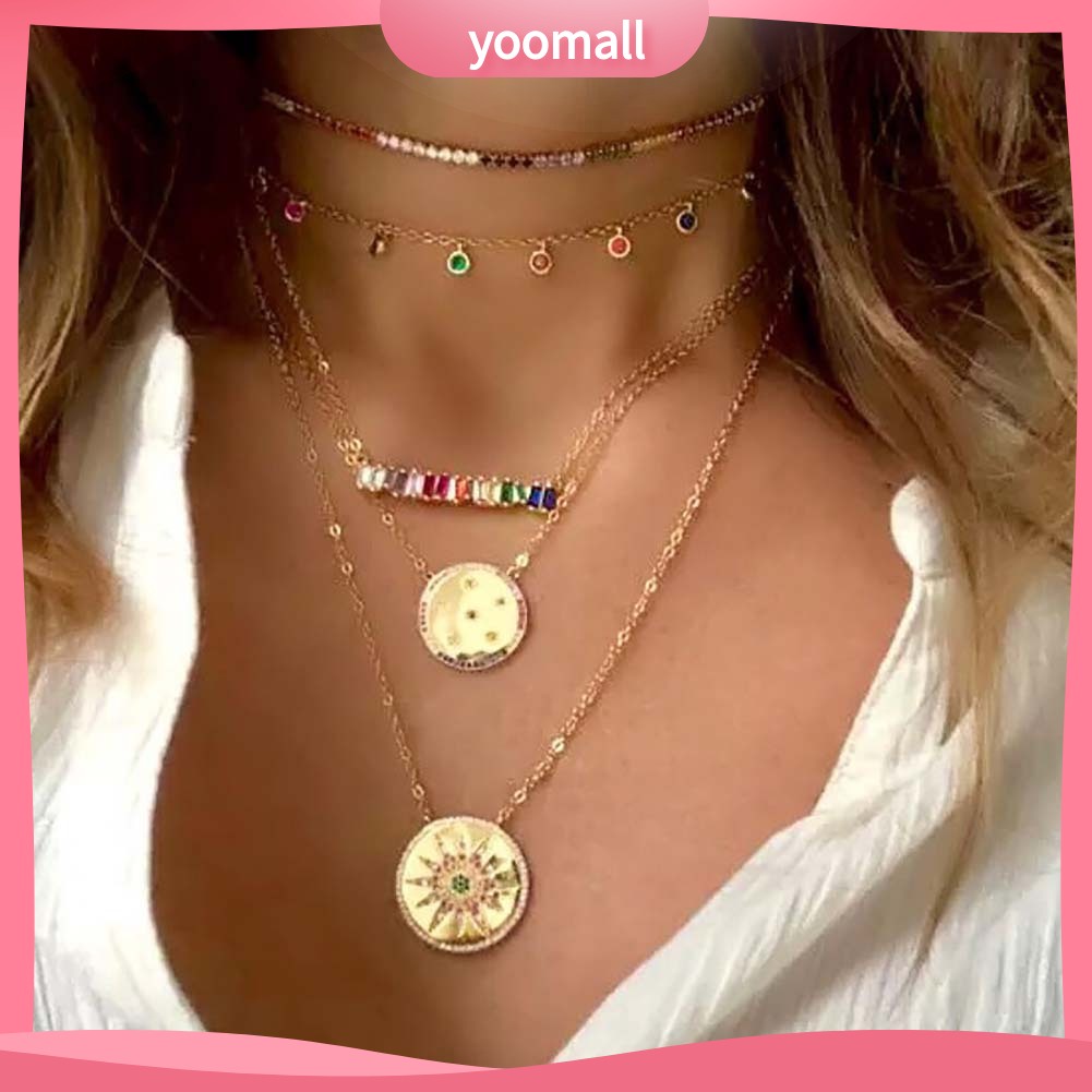 Vòng cổ Mặt Hình Học Đính Đá Zircon Màu Cầu Vồng Thời Trang Cho Nữ