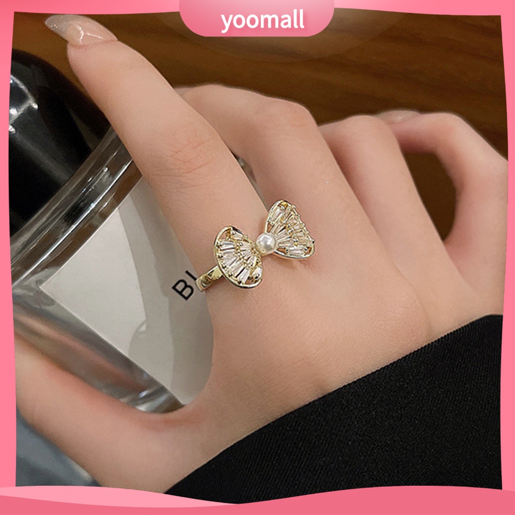 [YM] Nhẫn Đeo Ngón Trỏ Hình Nơ Rỗng Đính Đá Zircon Trọng Lượng Nhẹ Có Thể Điều Chỉnh Trang Sức Cho Nữ