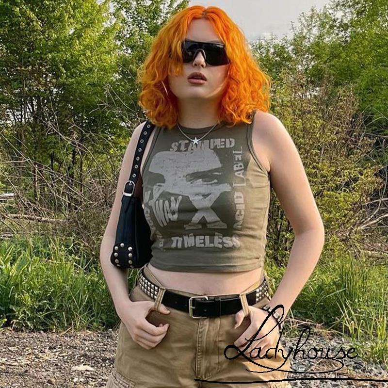 Áo Croptop Không Tay Cổ Tròn In Chữ Thời Trang Mùa Hè Dành Cho Nữ