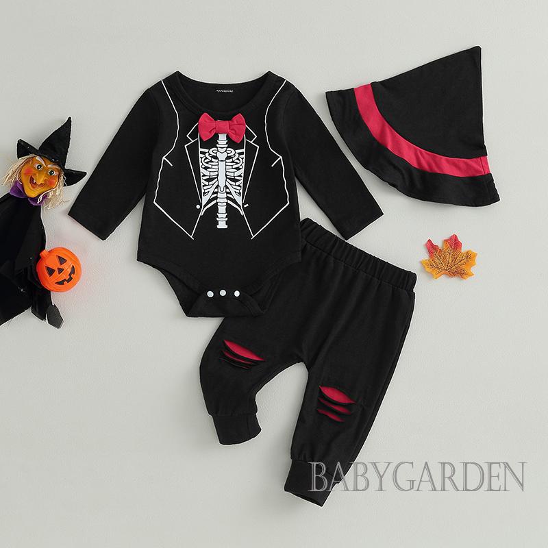 Set Áo Liền Quần + Quần Dài + Mũ Phù Thủy In Họa Tiết Halloween Dành Cho Bé Trai 0-18 Tháng Tuổi