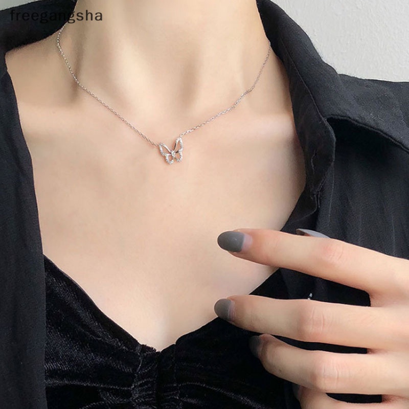 [FREG] Shiny Butterfly Necklace Exquisite Golden Silver Crystal Pendant Collar Chain Fashion Clavicle Chain Ladies Party Jewelry Gift FDH