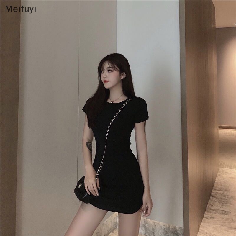 [Meifuyi] Women Basic Solid Color Dress Bodycon O-neck Casual Slim Summer Mini Dresses COD