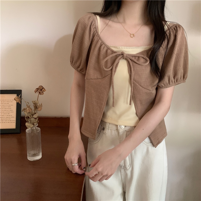 Summer New Korean Edition Stitching Lace Up Short Sleeve T-shirt Women